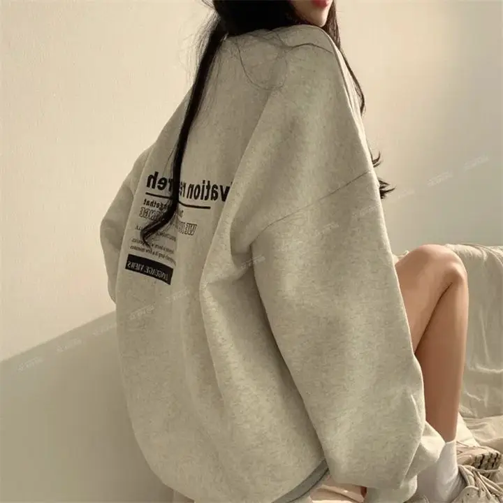 Sweatshirt women's mid-length 2024 new Korean style letter niche cotton loose spring autumn winter velvet top thin y2k tops emo