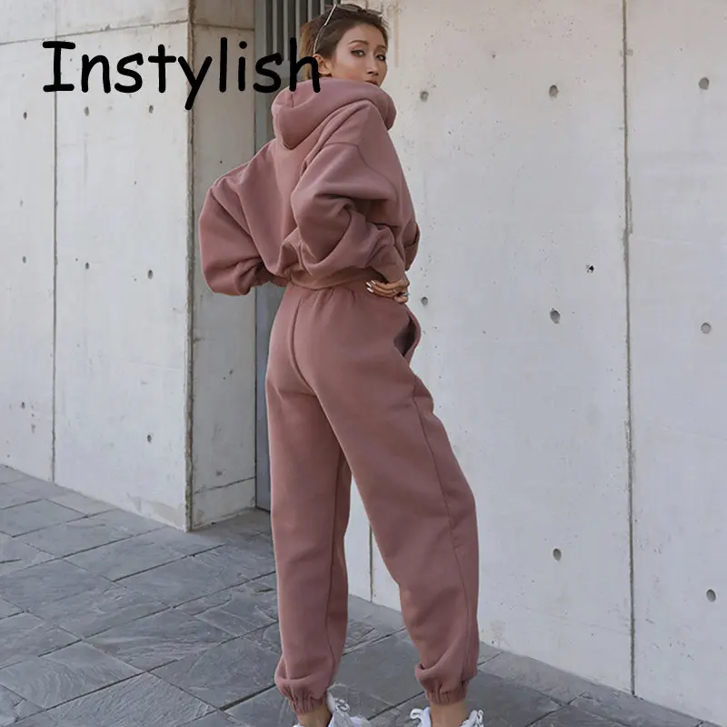 Women Fleece 2 Pieces Set Hoodies Suit 2023 Spring Winter Sweatshirt and Sport Sweatpants Set Vintage Y2K Streetwear Tracksuit