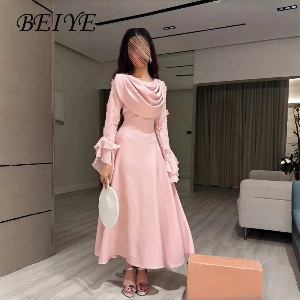 

BEIYE Princess Pink Flowers A-Line Evening Dress 2026 Beading Long Sleeves O-Neck Party Gown Customized فساتين سهرة