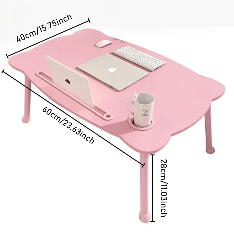 Cute Bear Shaped Bed Desk Foldable Laptop Desk with Cup Holder Card Slot Anti-slip Waterproof Tatami Table for Dormitor Student