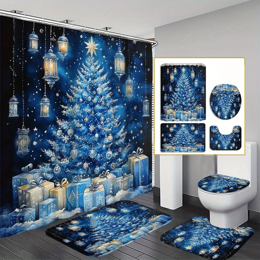 4Pcs Dream Xmas Night Bath Set, Tree Theme Shower Curtain, Modern Holiday Decor, 12 Hooks, Non-Slip Mat, U-Shaped Toilet Cover