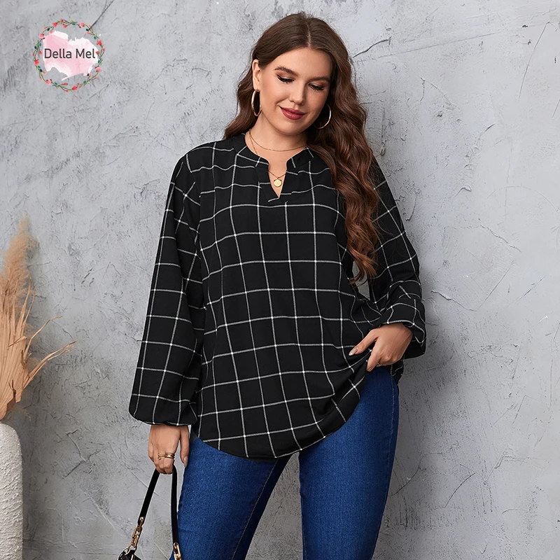 Della Mel Plus Size Blouses For Women Fashion 2022 Grid Print Lantern Sleeve Blouse Lady V-Neck Long Sleeves Loose Elegant Tops