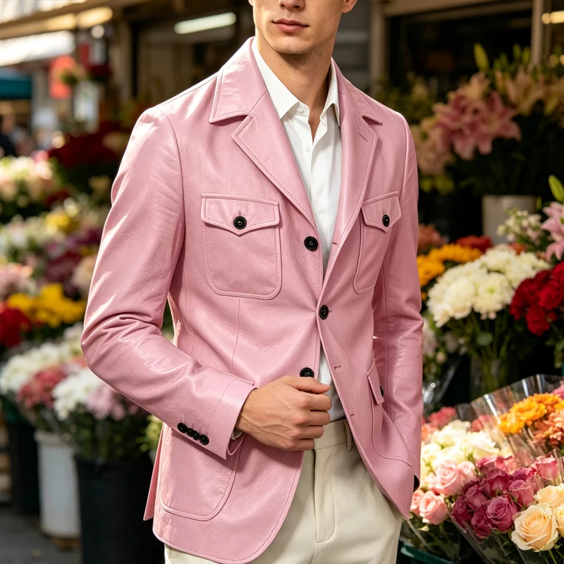 Vintage Men's PU Leather Blazer Notched Lapel 4 Flap Pockets Slim Fit Jacket Business Casual Formal Coat For Office Daily Party