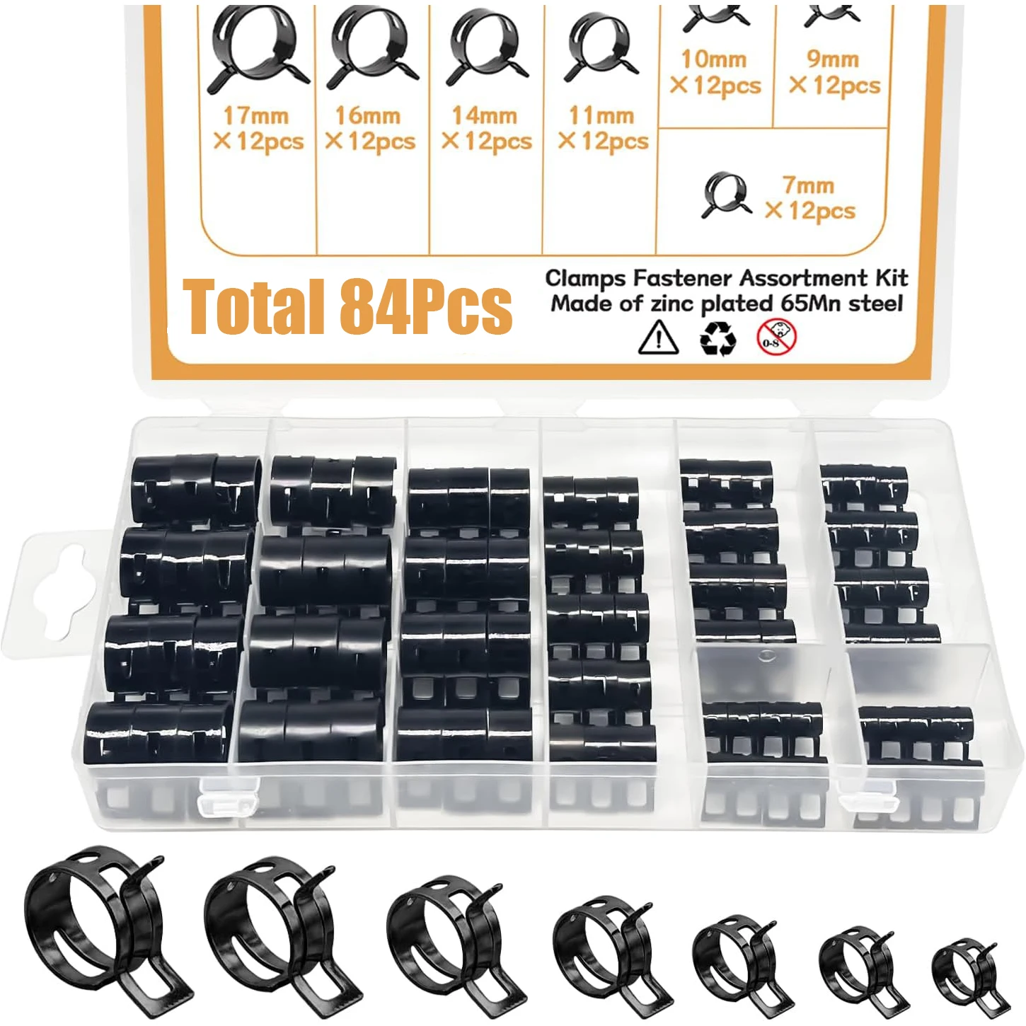 Black 84Pcs 7-17mm 7Size Q673B Vacuum Spring Fuel Oil Water CPU Hose Clip Pipe Tube for Band Clamp Metal Fastener Assortment Kit