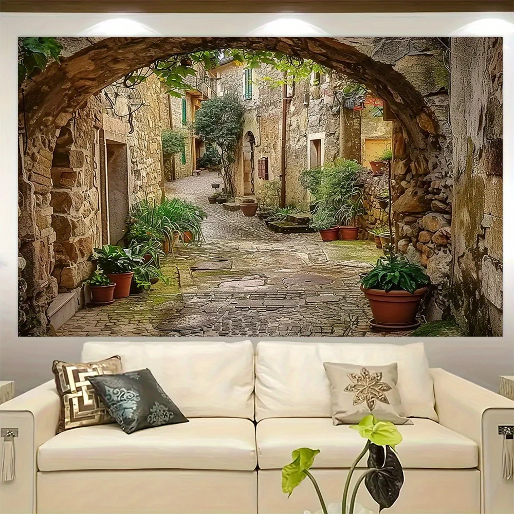 Mediterranean Alley Tapestry Stone Village Art Wall Hanging Rustic Home Decor Free Hooks Included Simple Installation