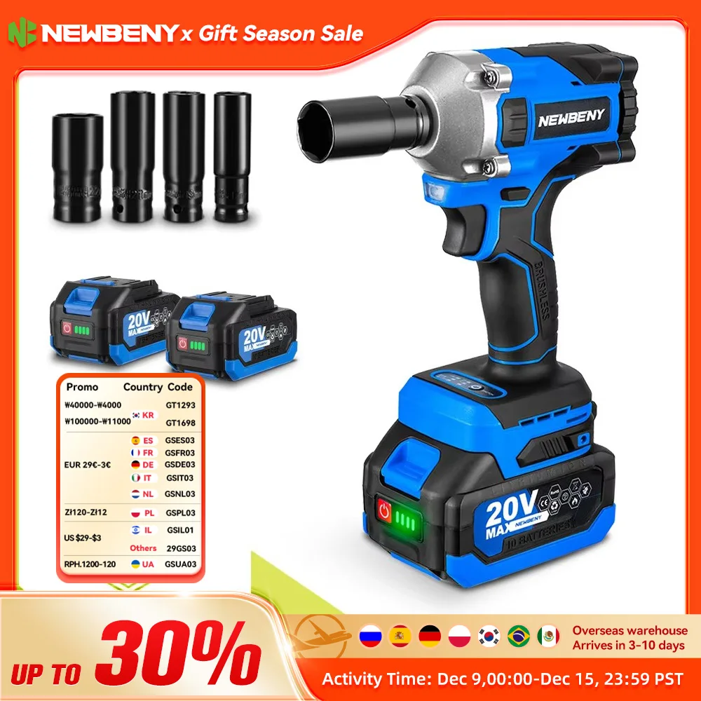 NEWBENY 1000N.m 1/2 inch Brushless Electric Wrench 3Gear Cordless Handheld Impact Wrench Driver Power Tool For Makita 18VBattery