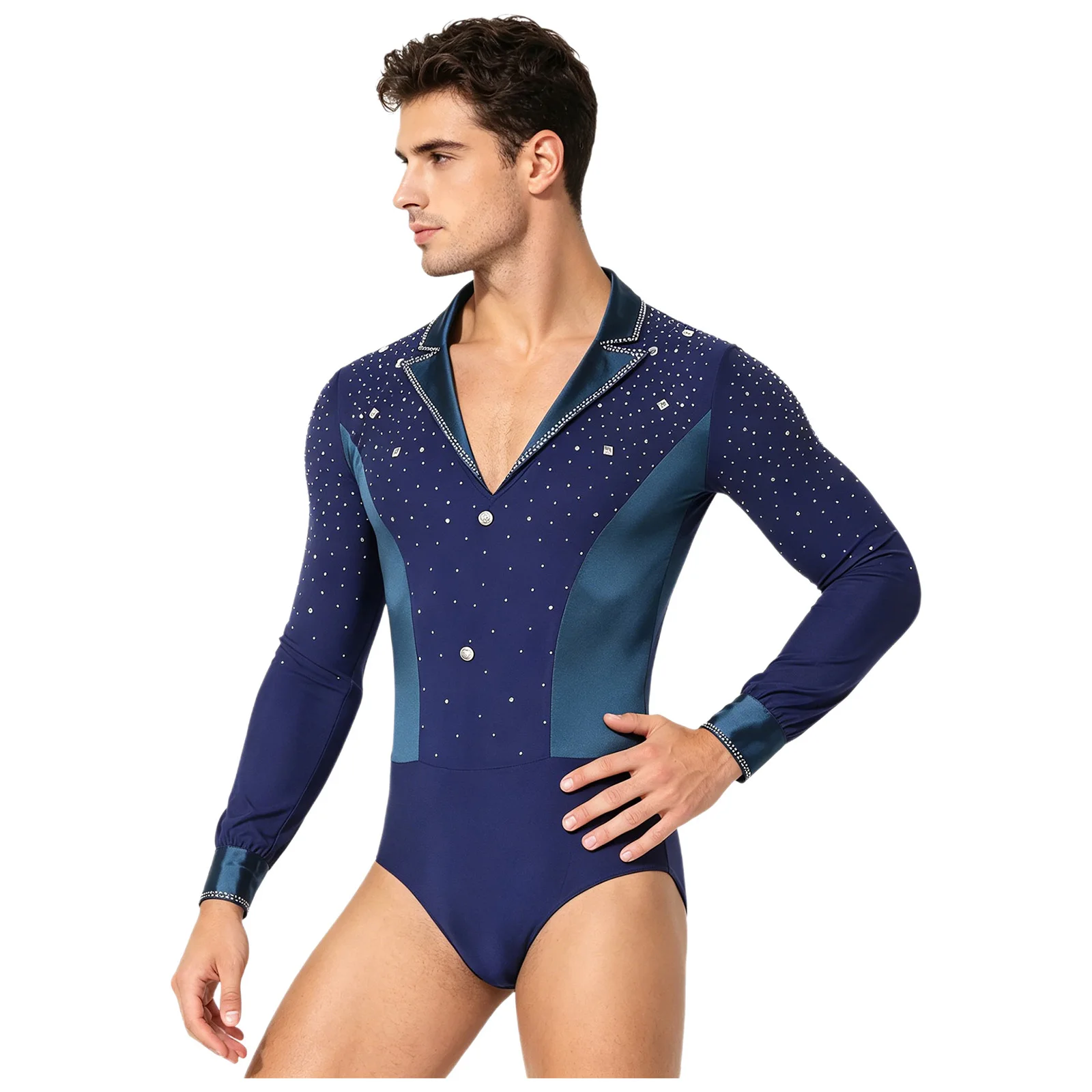 Men Long Sleeve Latin Dance Leotards Shirt Tops Figure Skating Bodysuit Tango Cha-cha Ballet Dancewear Acrobatics Gymnastics Top