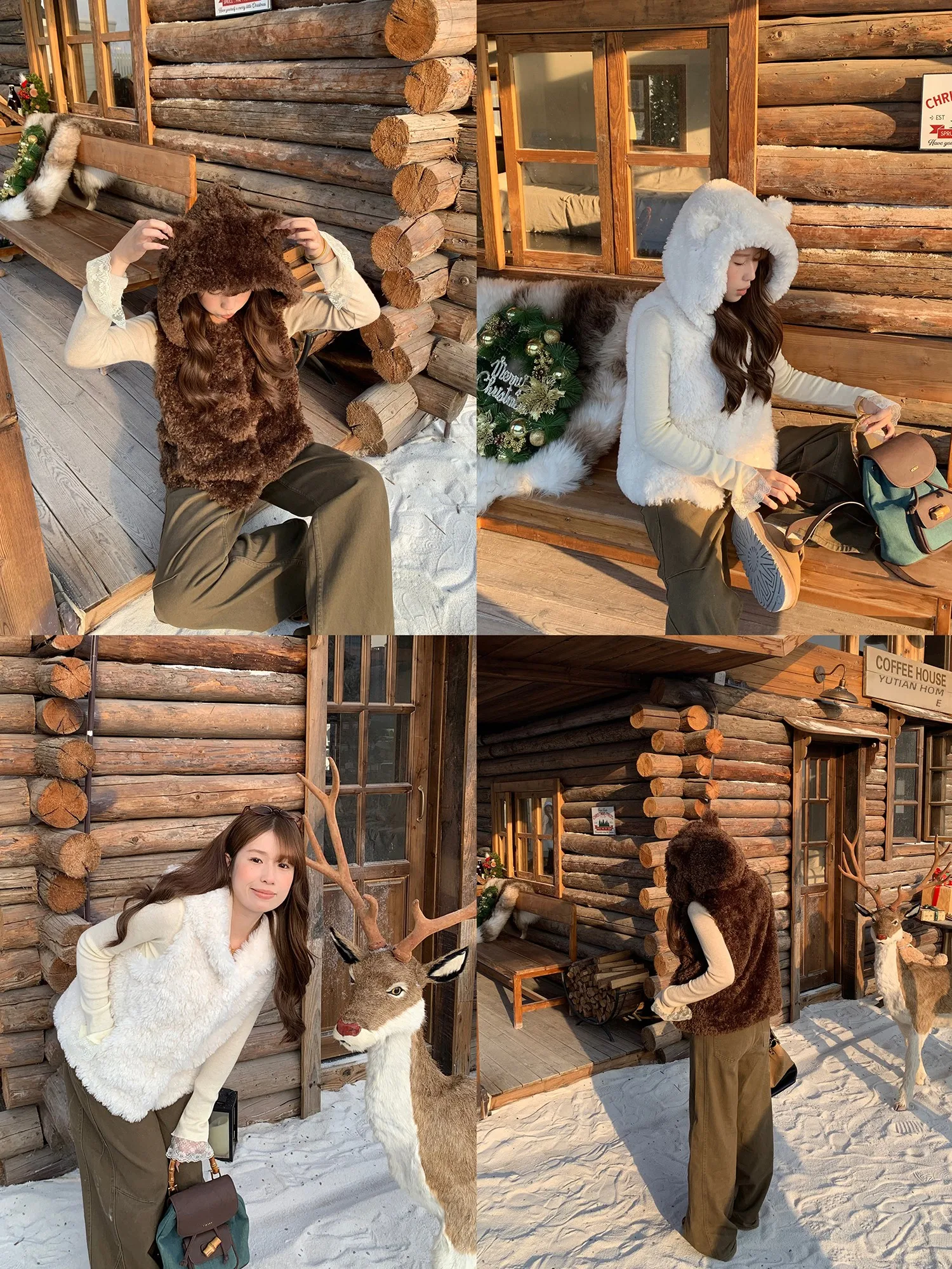 

Pepe's Brown Bear Ear Hooded Lamb Fur Vest Women's Autumn Winter Coat Small Size oulder Pad Warmth Outerwear