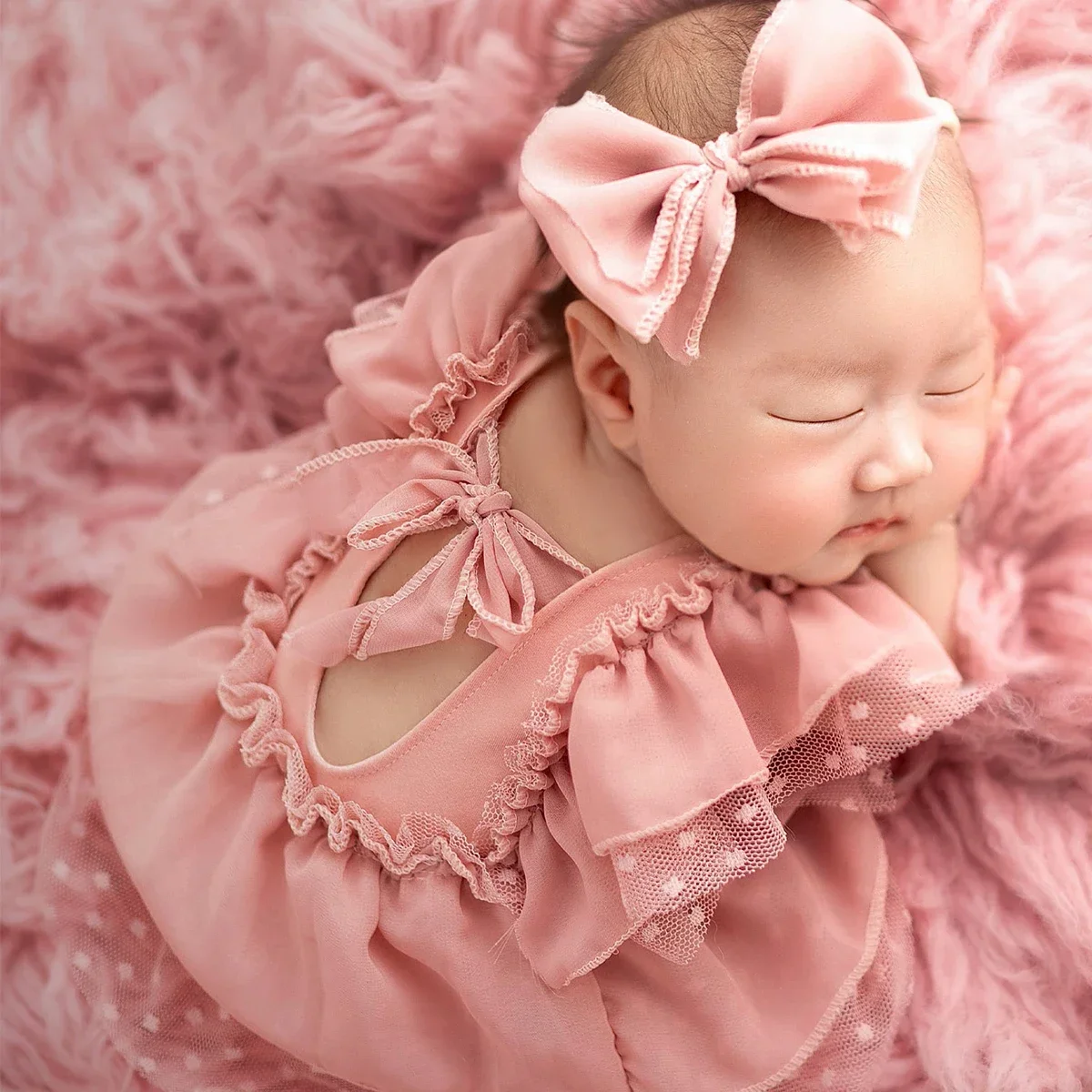 Newborn Photography Photo 2 Pieces Set Dusty Pink Chiffon Newborn Romper  Bow Hairband Dot Lace Baby Girl Photography Outfits