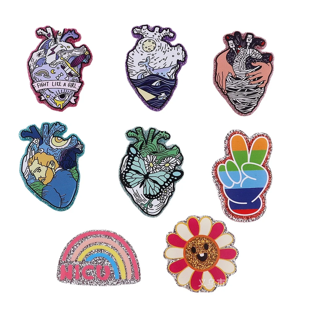 Heart Sunflower Rainbow Acrylic Charms Glitter Epoxy Pedant Fit DIY ID Card Badge Holder Jewelry Making Doctor Nurse Gift