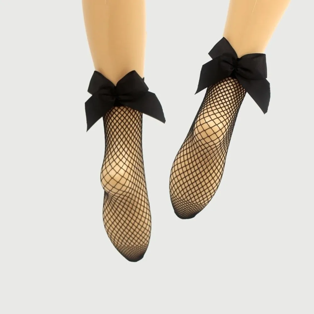 موضة مايكرو/متوسط/شبكة كبيرة مع القوس شبكة صيد السمك الجوارب عدم الانزلاق خمر شير الجوارب قصيرة طول تنفس الكاحل الجوارب الفتيات ارتداء