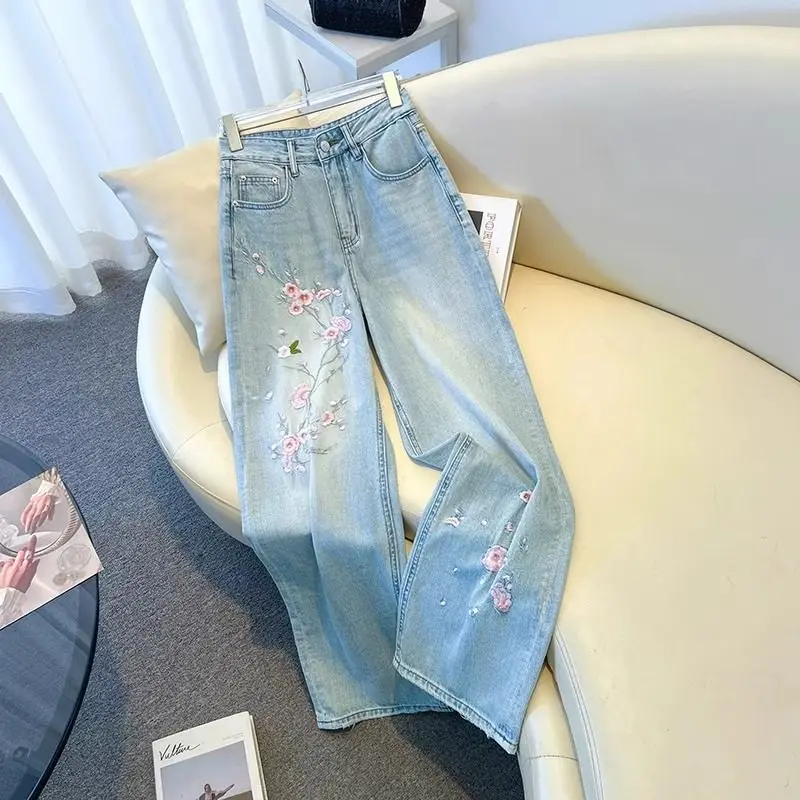 

Embroidery Flower Women's Jeans 2026 Spring Summer New European Style Casual Vintage Wide Leg Pants Straight Leg Long Trousers