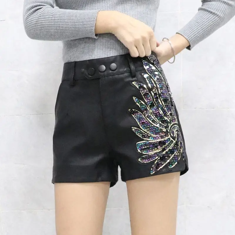 Women's Fashion Solid Color Sequins Glittery Shorts Sparkly Sexy Mid Waist Elastic Straight Leg Shorts for Party Club LX548