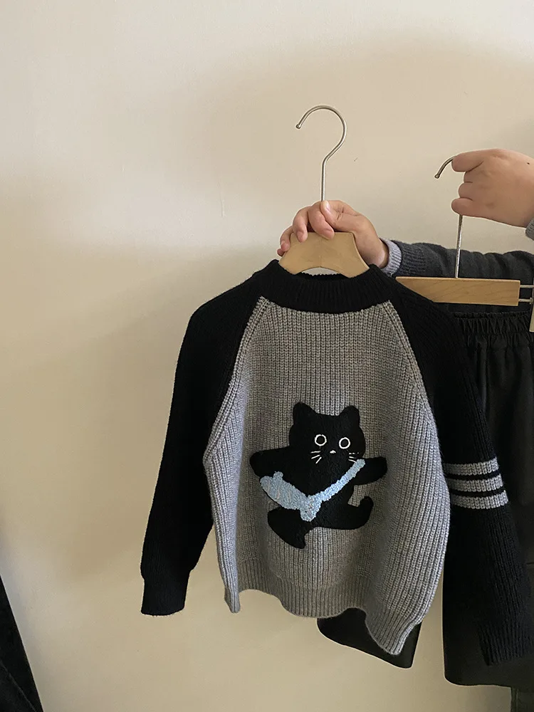 

Autumn Winter Cartoon Set for Girls New Color Block Cute Cat Knitted Sweater with Fleece Warm Leather Pants