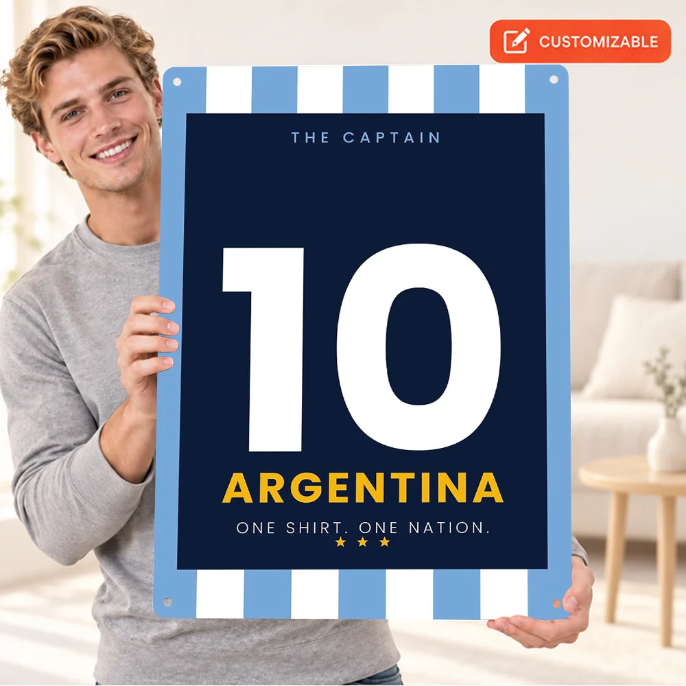 Lionel Messi Argentina Captain 10 Football Printed Poster Personalized Aluminum Sign Typographic Design Wall Art For Game Room