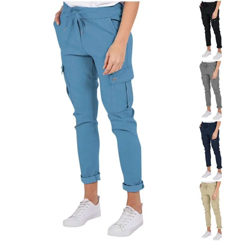 Casual Ladies Pants for Women High-waisted Cargo Pants Women Drawstring Elastic-waist Pants with Multiple Pockets Solid Trousers