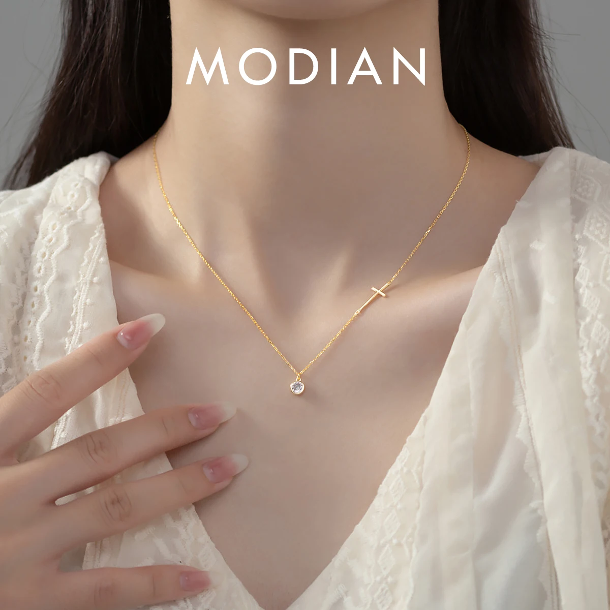 

MODIAN 925 Sterling Silver Simple Round Zircon Pendants Trendy Gold Color Cross Link Chain Necklace For Women Fine Jewelry Gift