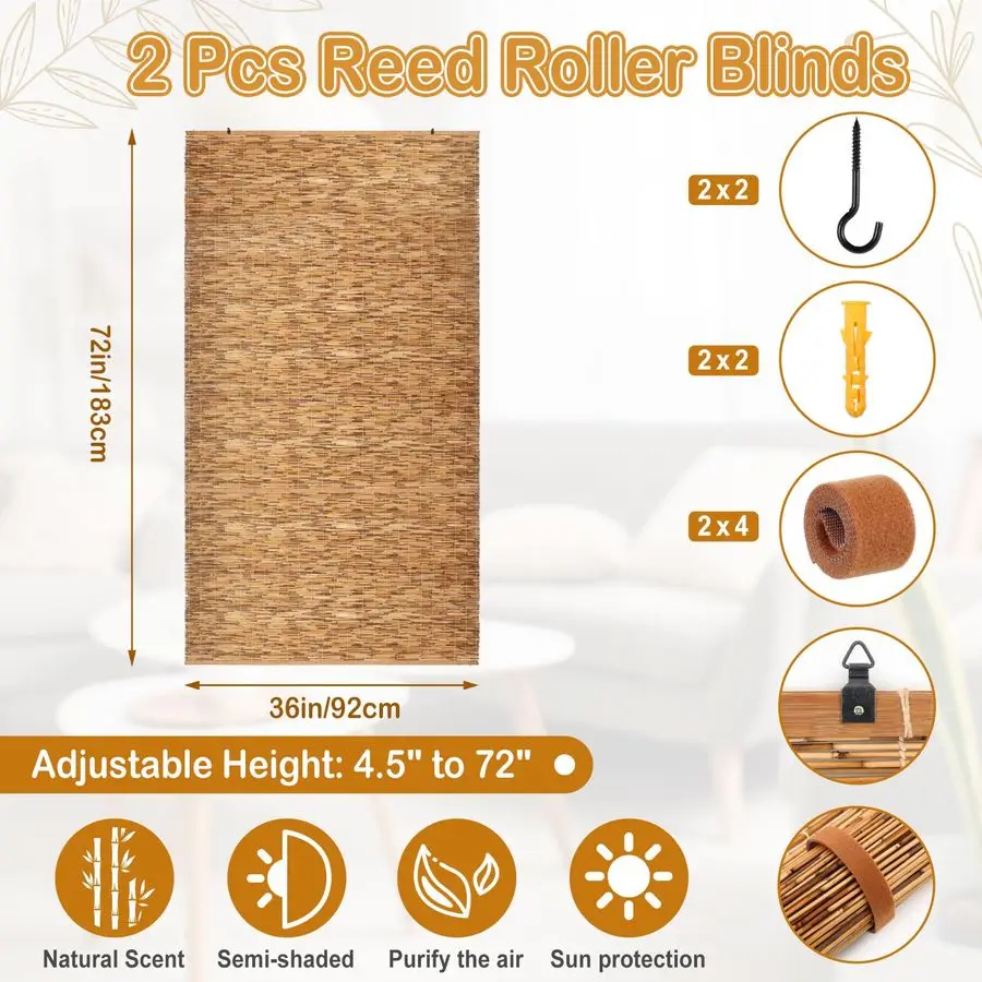 2 Pcs Bamboo Shades Outdoor Reed Roll Up Blinds 36 W x 72 H Blackout Sunshade Cordless Bamboo Blinds for Home Porch, Patio amp W - Detail 1