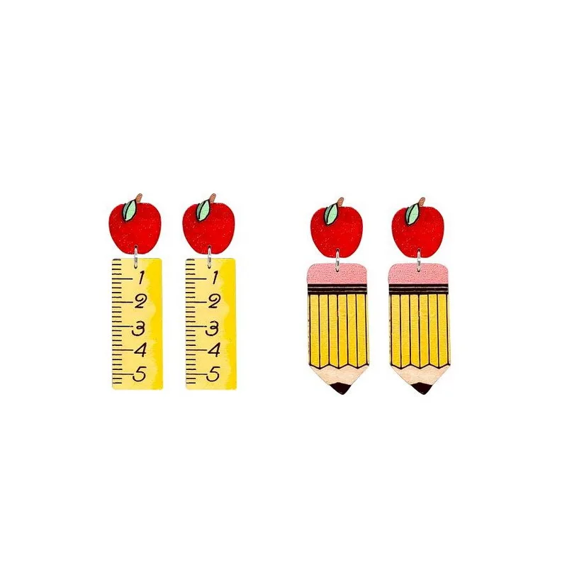 New Teacher\'s Day Earrings School Apple Pencil Ruler Earrings Teacher Student Opening of School Gradation Gift