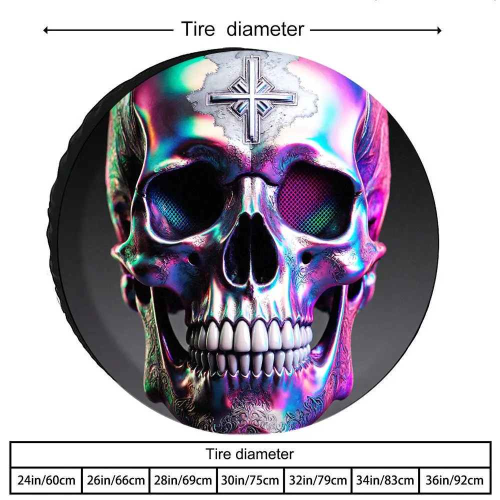 Rainbow Iridescent Metallic Skull Pattern Tire Cover, Polyester Fiber Material, Decorative Print, Wear-Resistant And Not Easy To