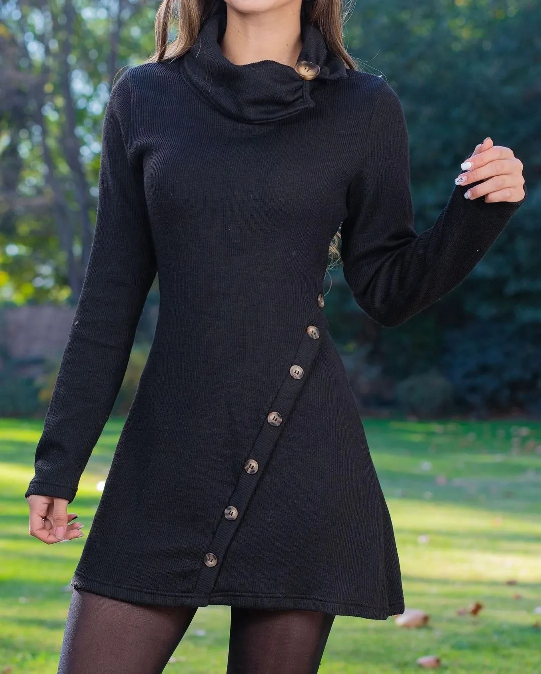 Autumn Winter Women Dress High Waist Buttons Decor Lady Short Dress Black Piled Collar Long Sleeve Hip Wrapped Mini Dress