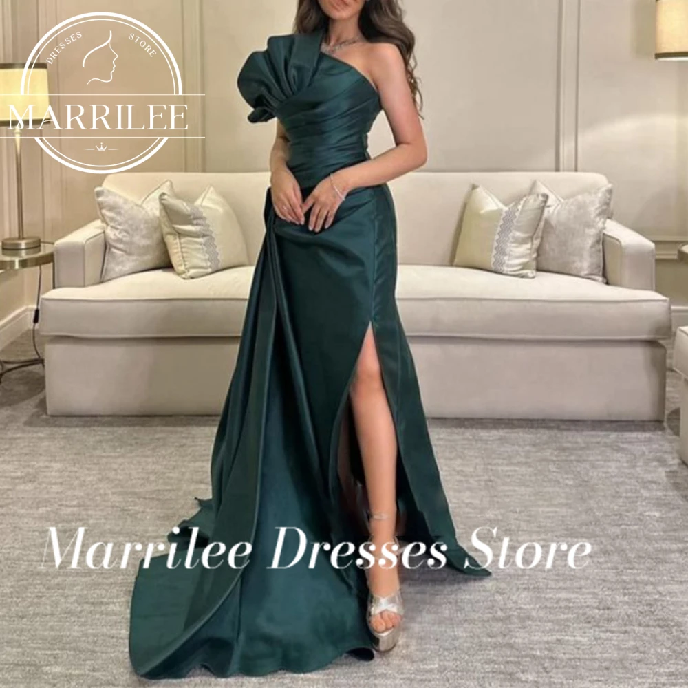 Marrilee Customized Green Pleated Strapless Mermaid Prom Gowns Charming Sleeveless Floor Length High Side Slit Evening Dresses