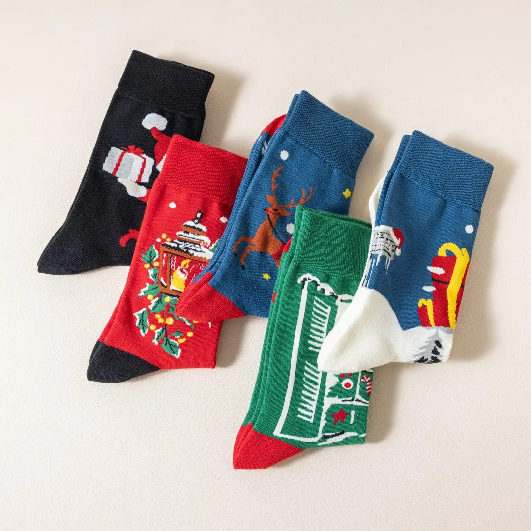 (5Packs)Colorful trendy winter socks Christmas men's socks  fashion mid-high cotton