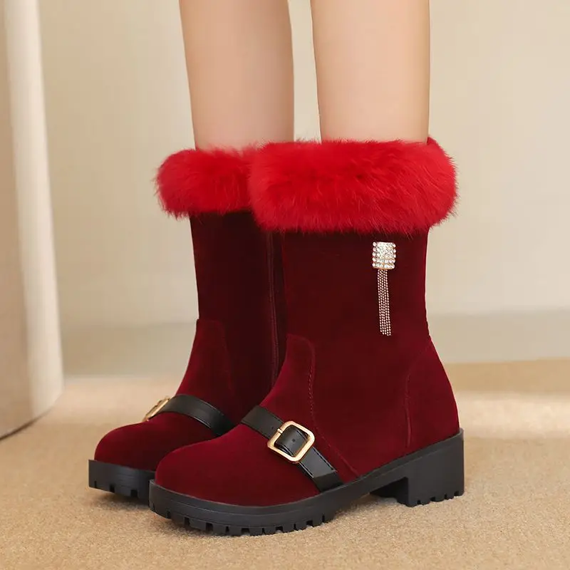 

ORCHA LISA Women's Ankle Snow Boots Round Toe Thick Heel Zipper Metal Decor Flock Suede Plus Size 41-43 Warm Plush Casual Winter