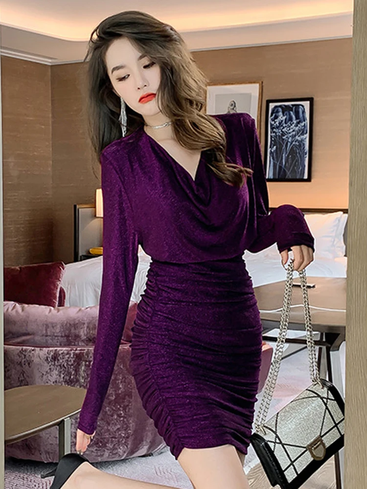 Fashion Elegant Mini Dresses for Women 2023 Shine Bright Silk Folds Party Dress Sexy Skinny Clothes French Bottom Club Vestidos