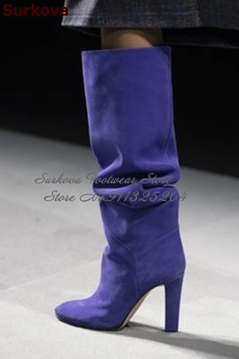 Surkova Blue Purple Suede Chunky Heel Knee High Boots Pleated Slip-on Long Boots Round Toe Folded Warm Dress Shoes Size46