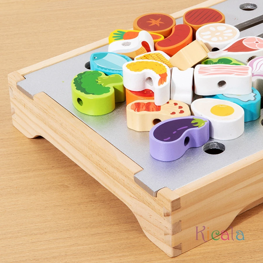 Juego de comida de madera para barbacoa, juego de parrilla para niños, cocina, juguetes para juego de imitación, juego de rol para niños de 3 años o más