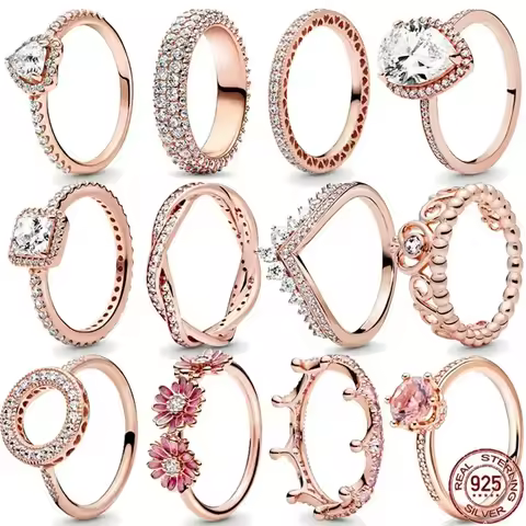 rendy Ornaments 925 Sterling Silver Classic Rose Gold Series Ring Sparkly Gem Elegant Flower Charm Ring Women's Birthday Present