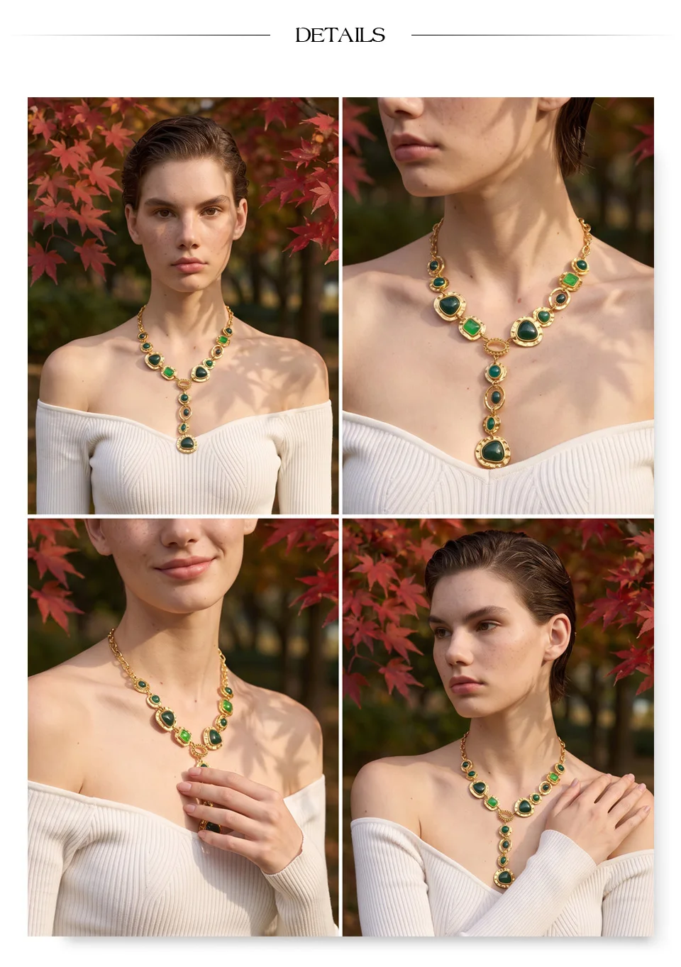 Yhpup Edelstahl-Halskette mit grünem Harz und Y-Kette, Statement-Halskette im Herbst-Winter-Stil, beliebter Charm-Schmuck – Detail 6