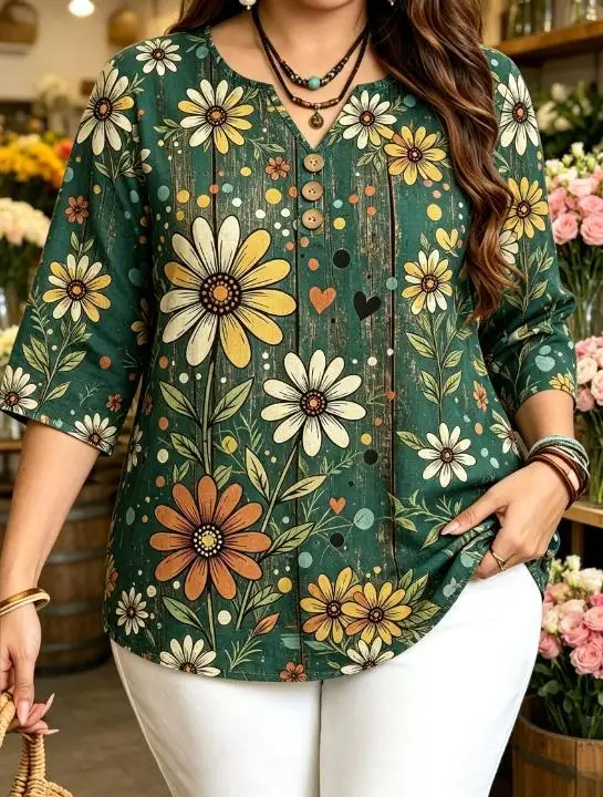 Women V‑Neck Half Placket 3/4 Sleeve Top 3D‑Printed Retro Floral Print Casual Daily Blouse