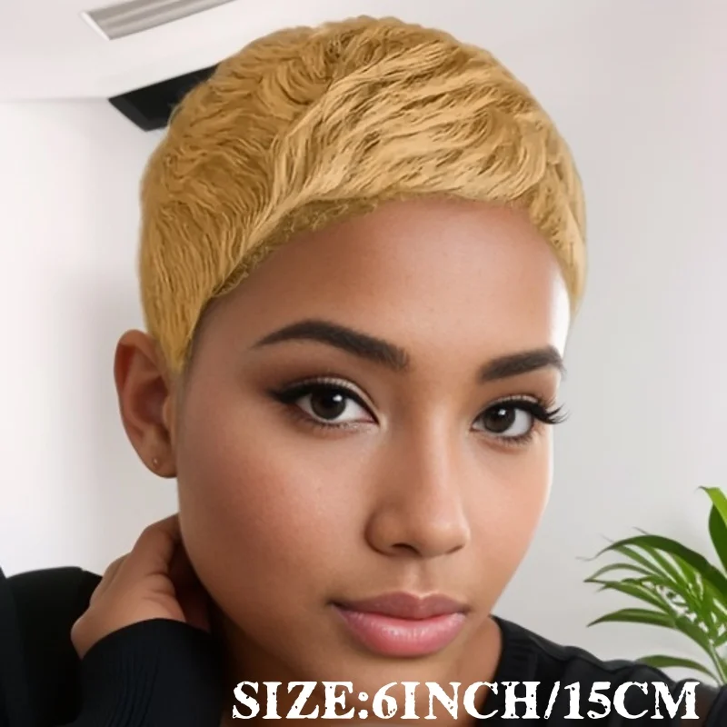 금발 픽시 가발 인모 짧은 픽시컷 전체 머신메이드 가발 (앞머리 포함)