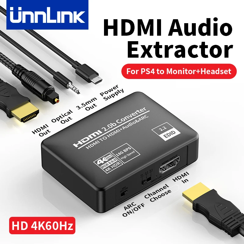 Unnlink 4K 60Hz HDMI Audio Extractor HDMI to Toslink+Aux+HDMI Video Converter for PS4 PS5 Xbox to TV Monitor Headset Amplifier