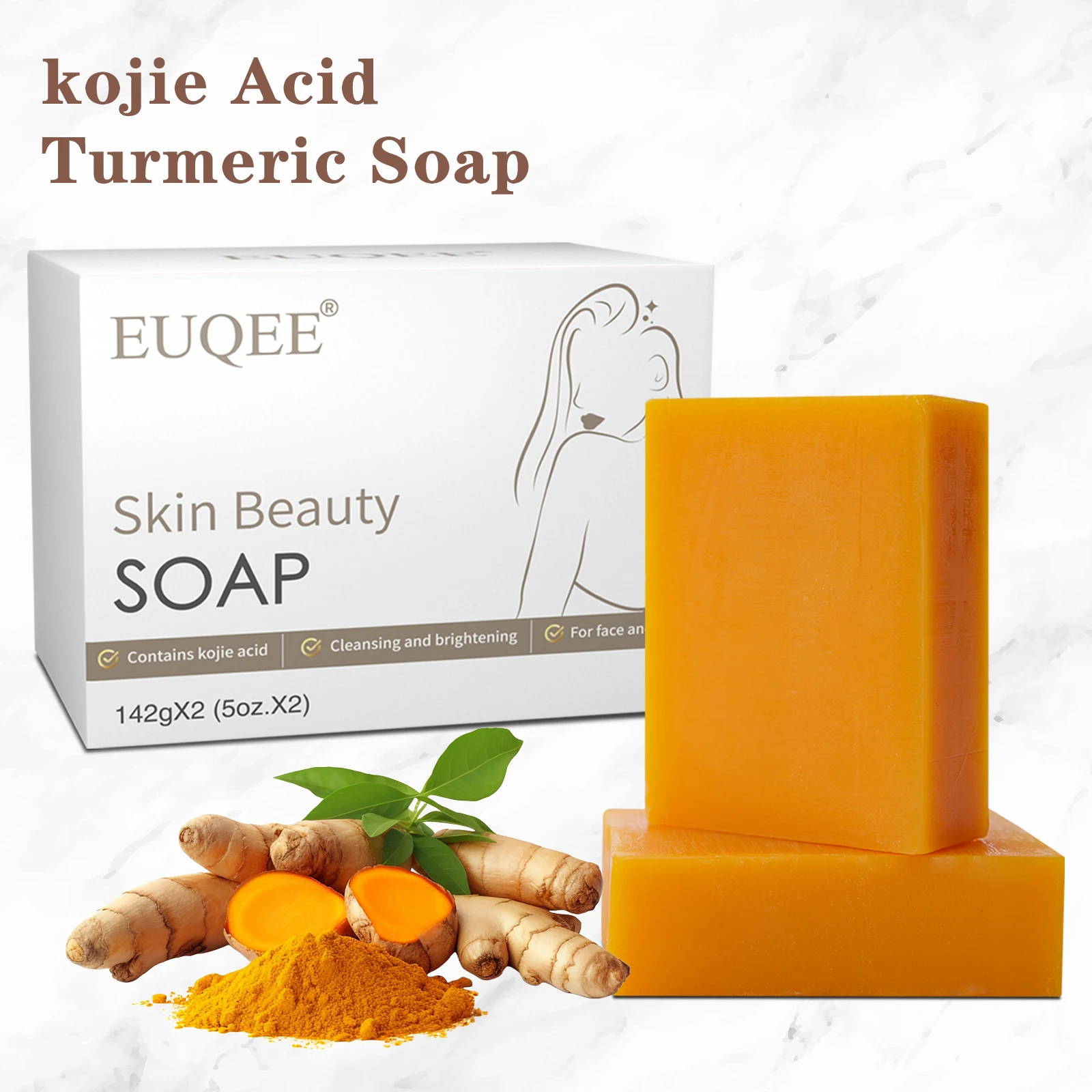 EUQEE 2PCS Kojic Acid Turmeric Handmade Soap with Vitamin C, Retinol, Collagen Coconut oil To Cleaning Skin Dark Spot Remover