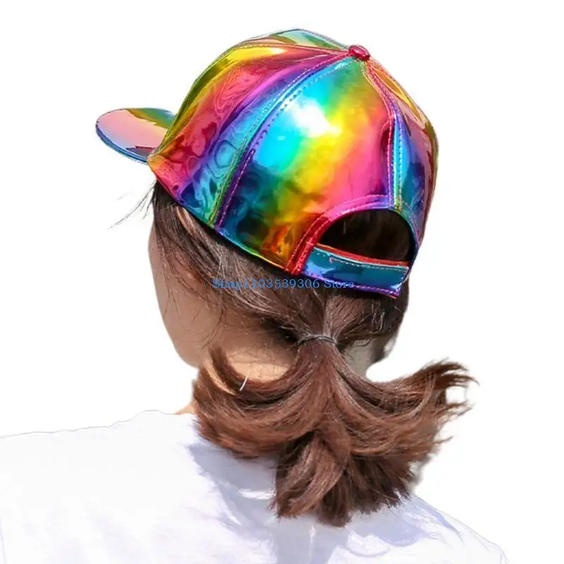 

400A Metallic Rainbow Baseball Cap Flat Bill Brim Sunscreen for Snapback Trucker Dad