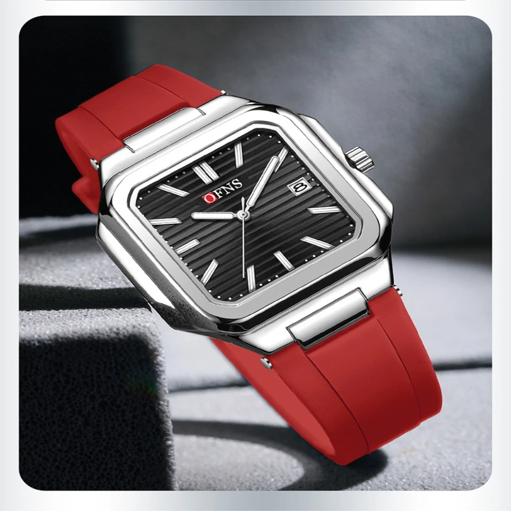 OFNS 1650 موضة الترفيه ساعة كوارتز الرياضة سيليكون حزام التقويم مضيئة مقاوم للماء ساعات مربعة للرجال Reloj Hombre #6