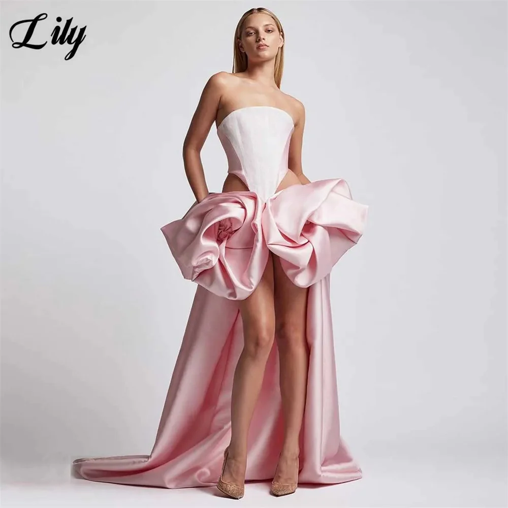 

Розовые вечерние платья для выпускного вечера Lily Chic, корсет без бретелек, вечерние платья из атласа с цветочным принтом - юбка и вырез на талии - на заказ