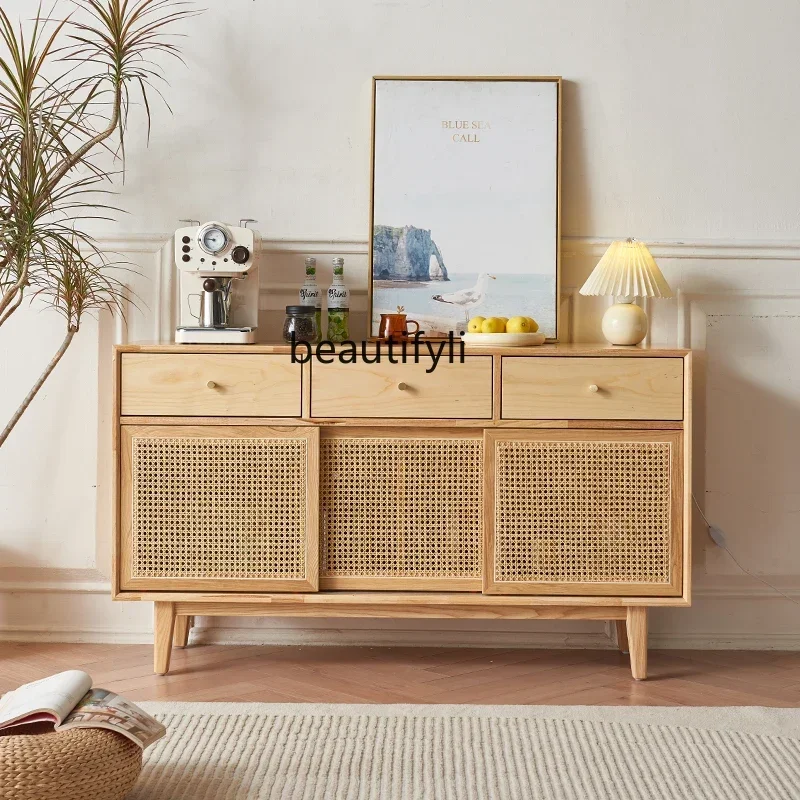 45 Nordic Rattan Sideboard Cabinet Living Room Solid Wood Locker Wall-Mounted Drawer Storage Cabinet