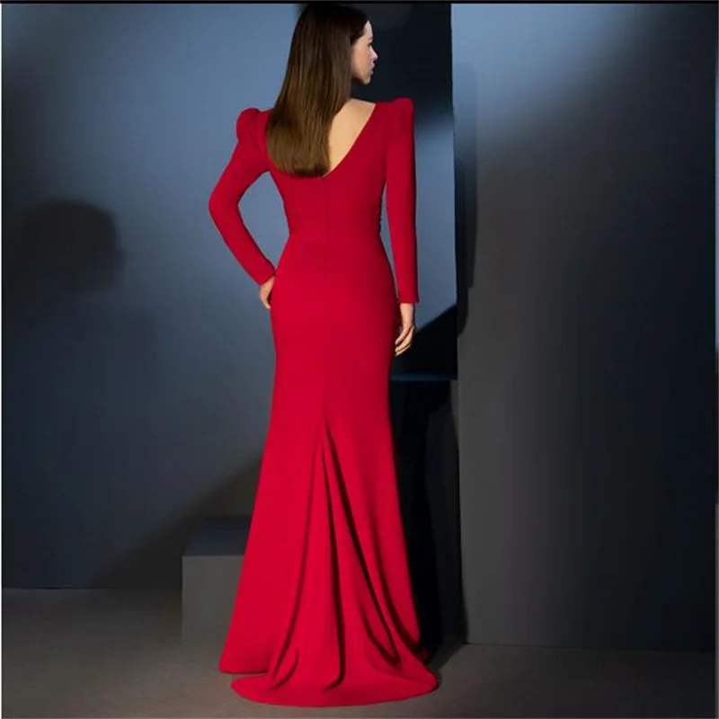 MULONG Red V Neck Mermaid Arabic Evening Dress Full Sleeves Luxury Dubai Formal Dresses for Women Wedding Party Dress