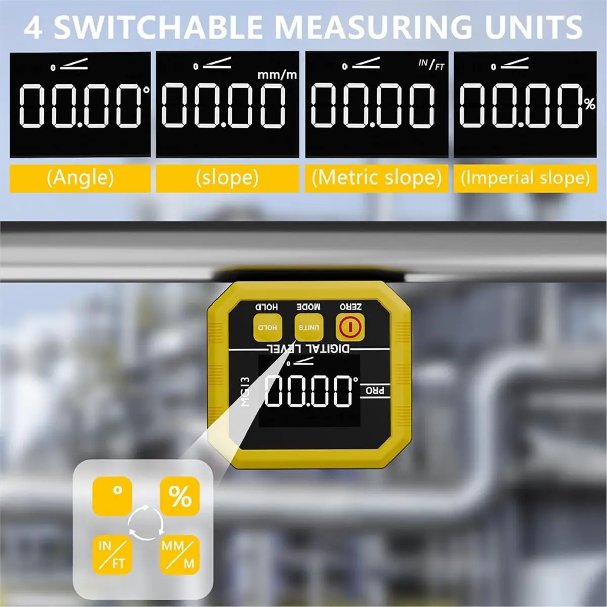 DT81 Rechargeable Digital Angle Finder and Magnetic Inclinometer Gauge ±0.1° Accuracy Protractor 360° Flip Screen