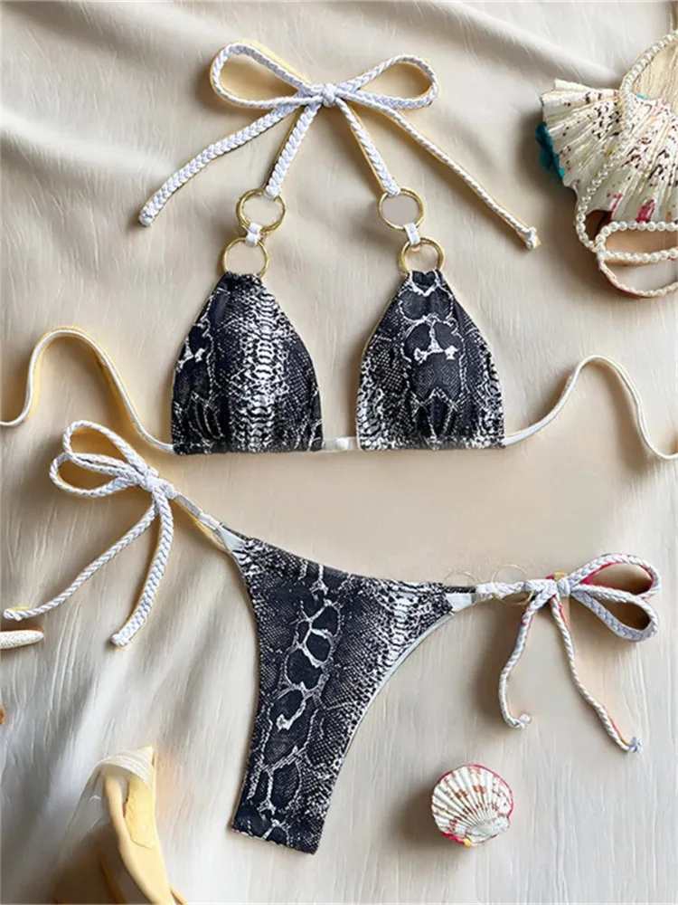 

2025 New Women Bikini Set Black Snakeskin Print Halter Metal Ring Strap Push Up Micro Swimsuit 2 pieces set for woman
