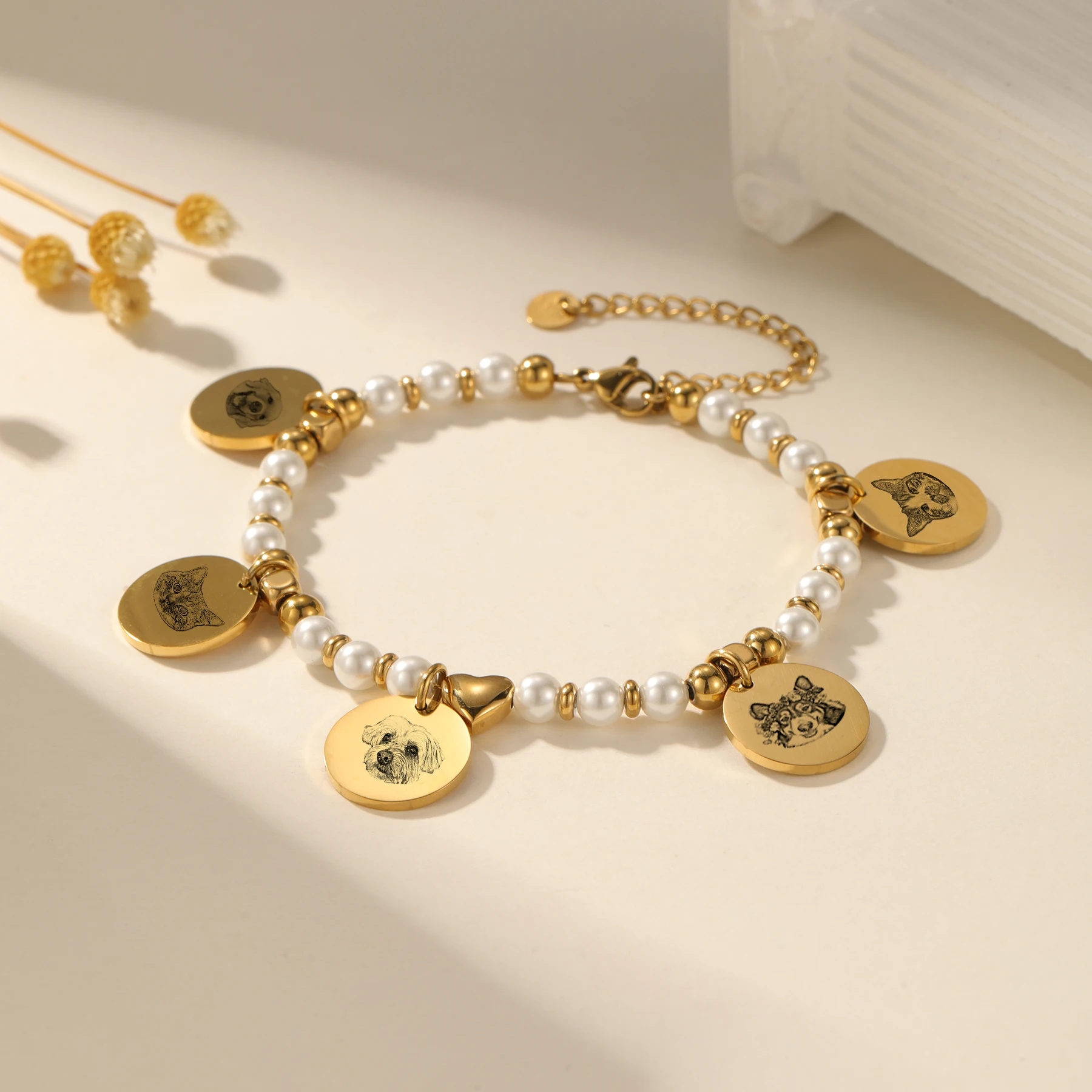 Pulsera con foto personalizada, pulsera de perlas personalizada, joyería conmemorativa para varios mascotas, chapada en oro de 18 quilates, ajustable, regalo para mamá de perro o gato