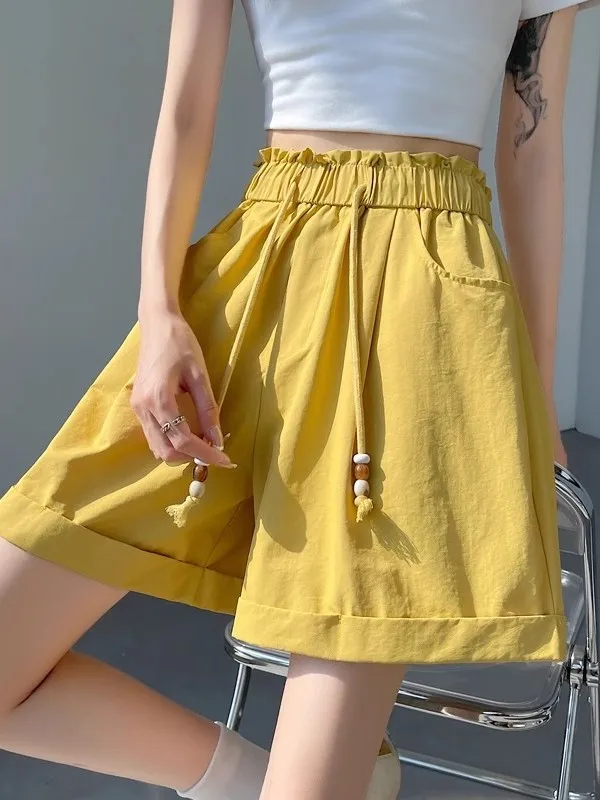 Women's Summer Thin Ice Silk Shorts High Waist Wide Leg Pants Five-Quarter Length Loose Fit Slimming A-Line Cuffed Casual Tro...