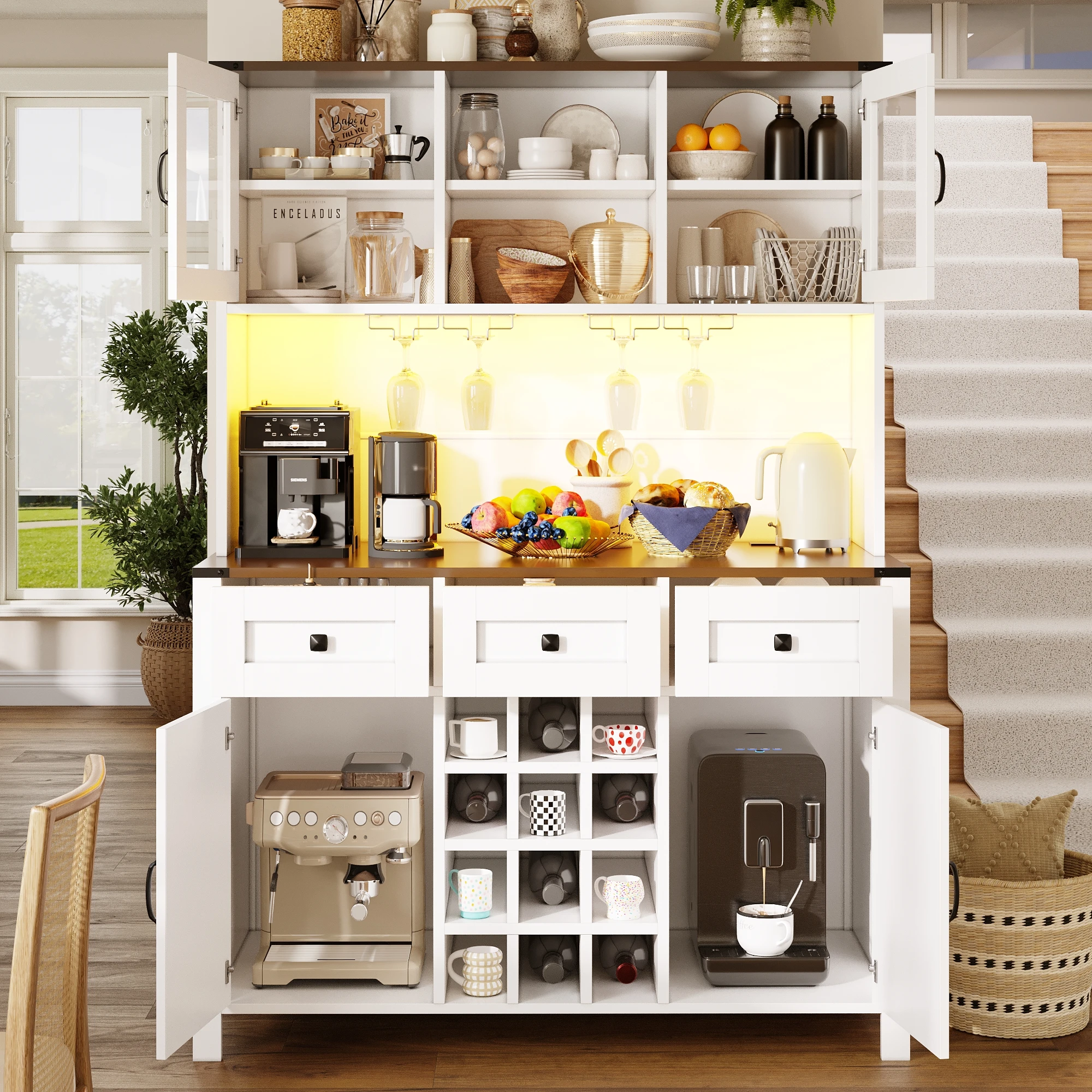 Buffet de cuisine : LED, prises, USB, 4 portes, 3 tiroirs, organisation pratique, MDF/verre - Blanc