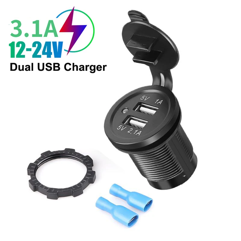 12V Dual USB Port Car Charger Socket Plug Cigarette Lighter Outlet For Auto Boat Waterproof Mobile Phone Charging Adapter