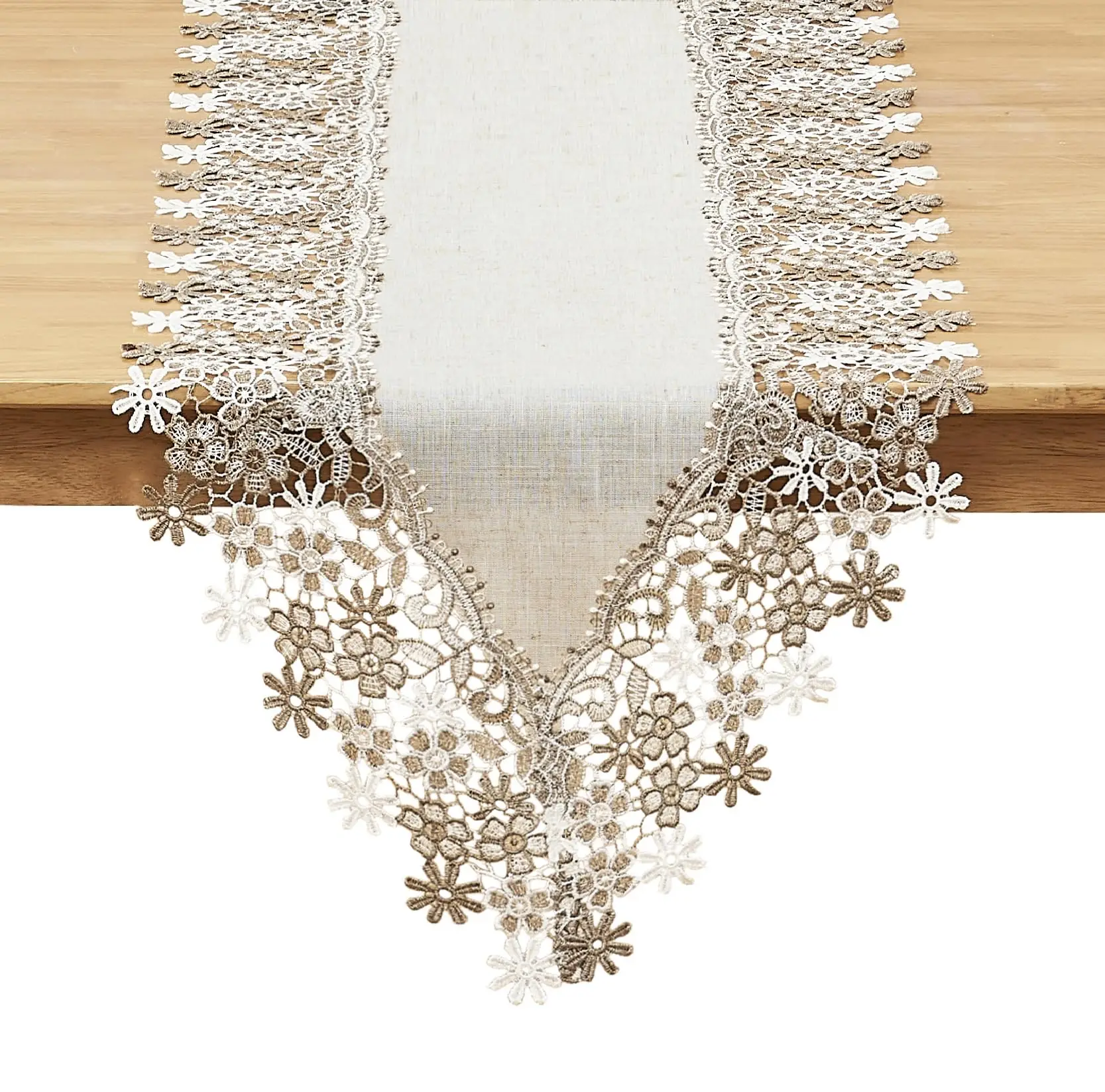 

Natural Neutral Earth Tones Beige Floral Lace Table Runner Dresser Scarf for Home Decor
