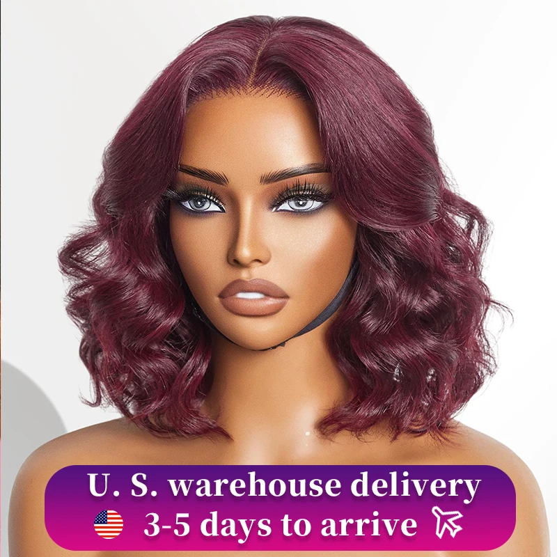 Burgundy 99J Brazilian Bob Wig Human Hair Glueless HD Lace Closure Wig Pre Plucked Chic Dark Red Body Wave Short Loose Wave Wigs